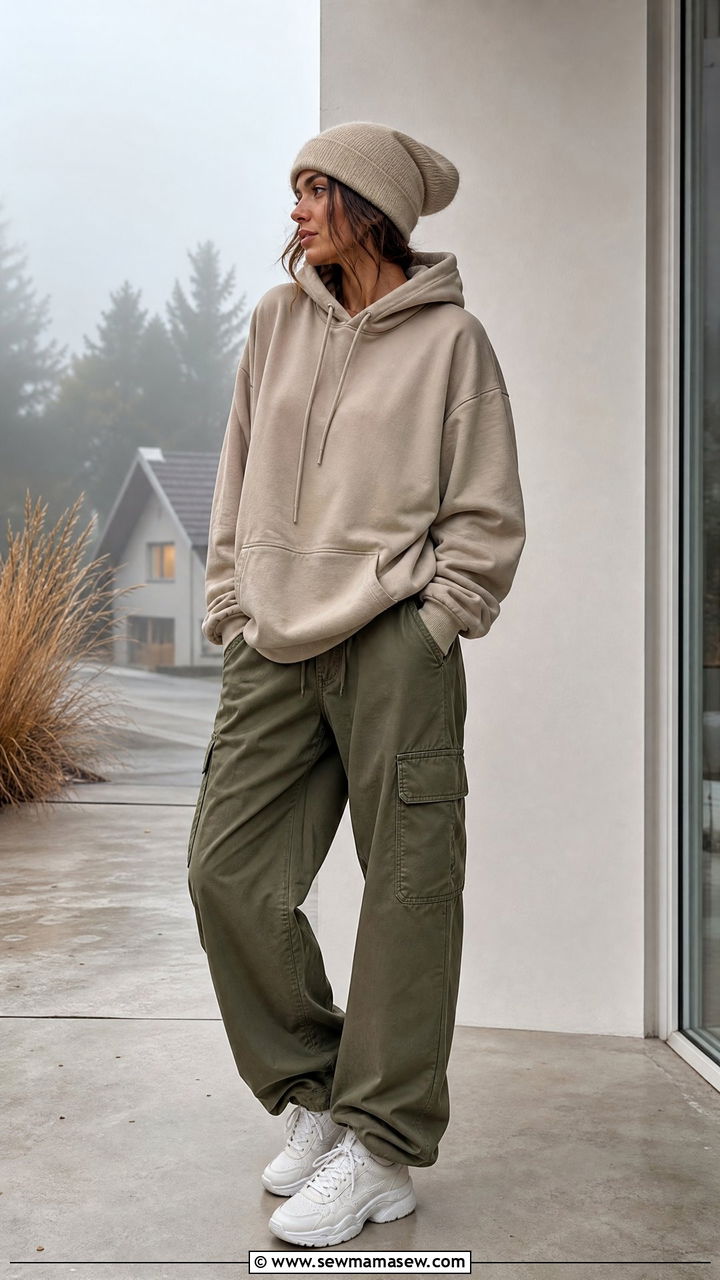 Hoodie with cargo pants and chunky sneakers - 25 Foggy day outfit ideas