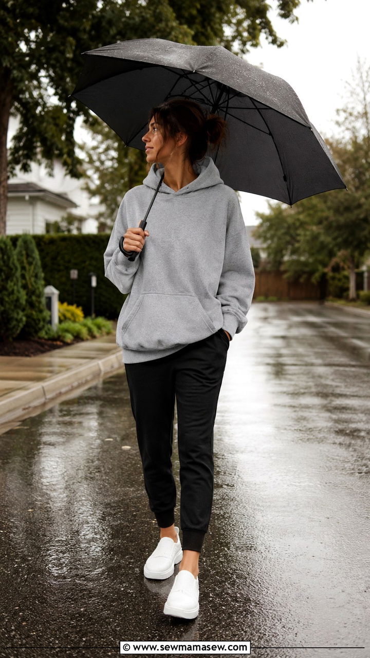 Hoodie with joggers and waterproof sneakers - 30 Rainy day weekend outfit ideas