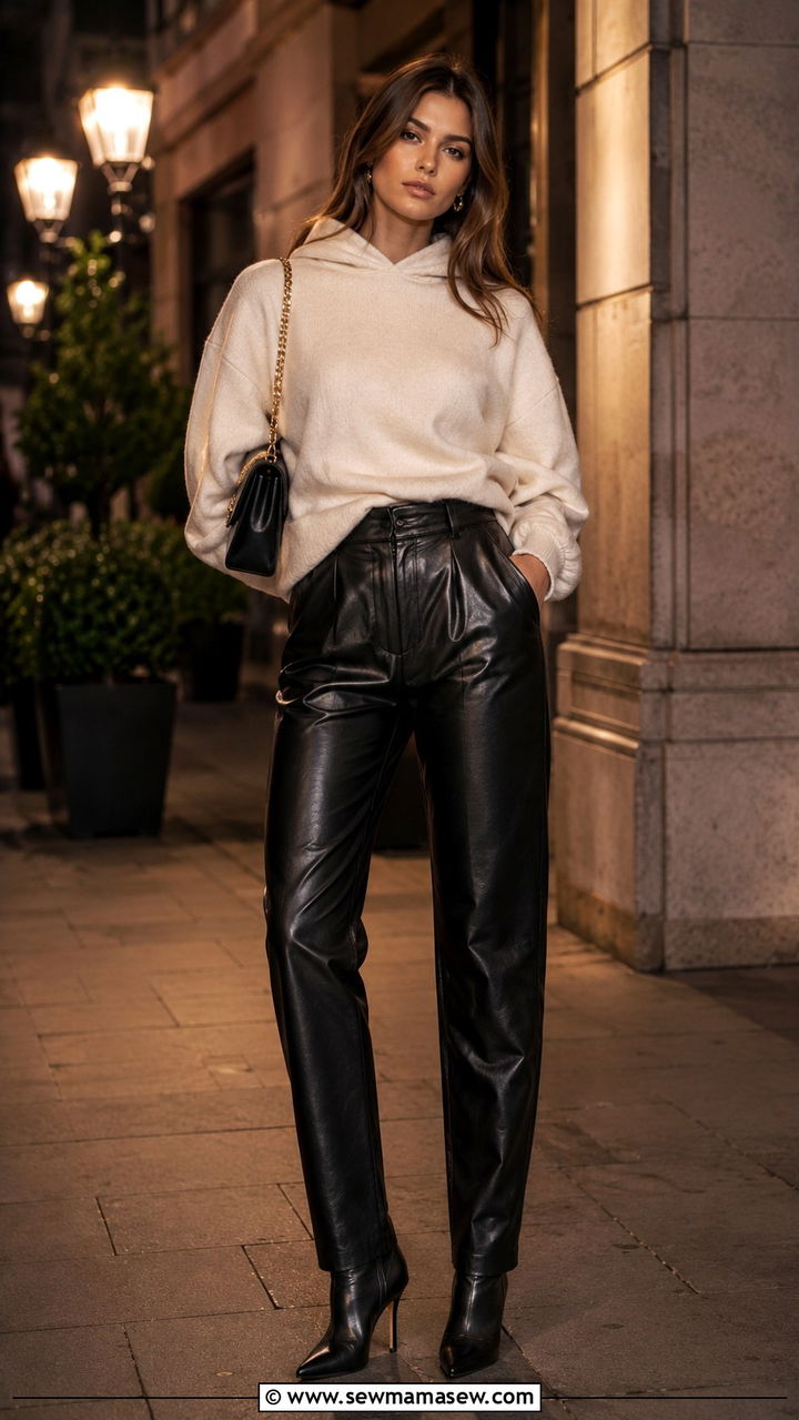 Hoodie with leather trousers and heeled boots - 30 Hoodie outfit ideas for women 2026