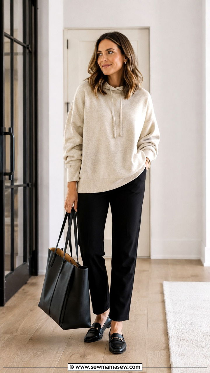 Hoodie with ponte pants and loafers for smart casual - 30 Hoodie outfit ideas for women 2026