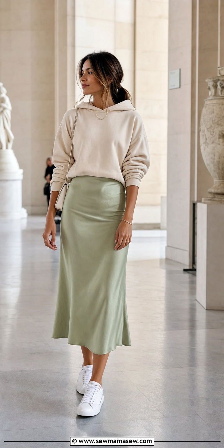 Hoodie with slip midi skirt and sleek sneakers - 25 spring mode sportif outfit ideas