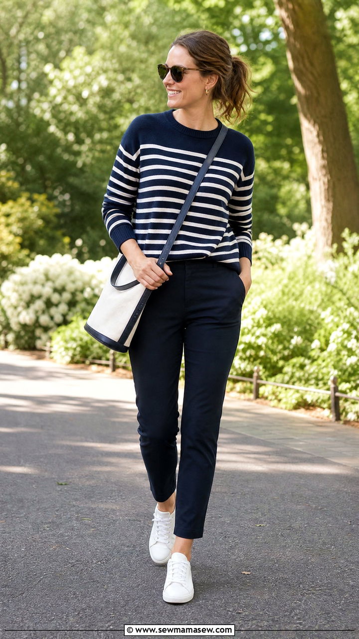 Horizontal stripe knit with slim fit pants - 25 Outfit ideas to flatter shoulders