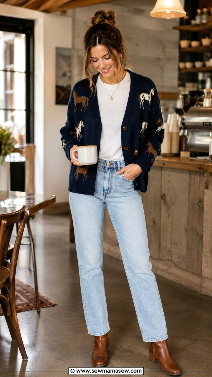 Horse Print Cardigan and White Tee With Straight Leg Jeans Outfit - 30 Horse girl outfit ideas