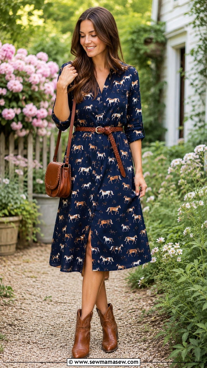 Horse Print Midi Shirt Dress and Ankle Boots Outfit - 30 Horse girl outfit ideas