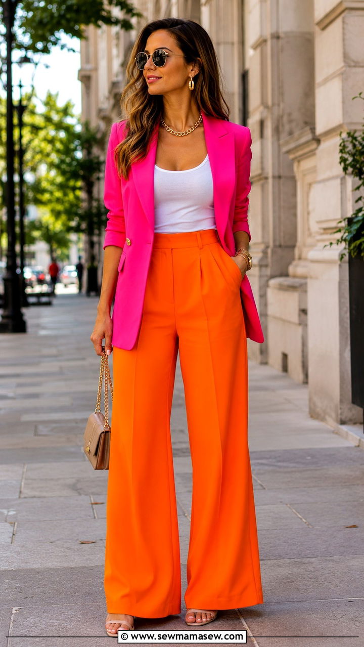 Hot Pink Blazer With Orange Wide Leg Trousers - 25 Orange and pink outfit ideas