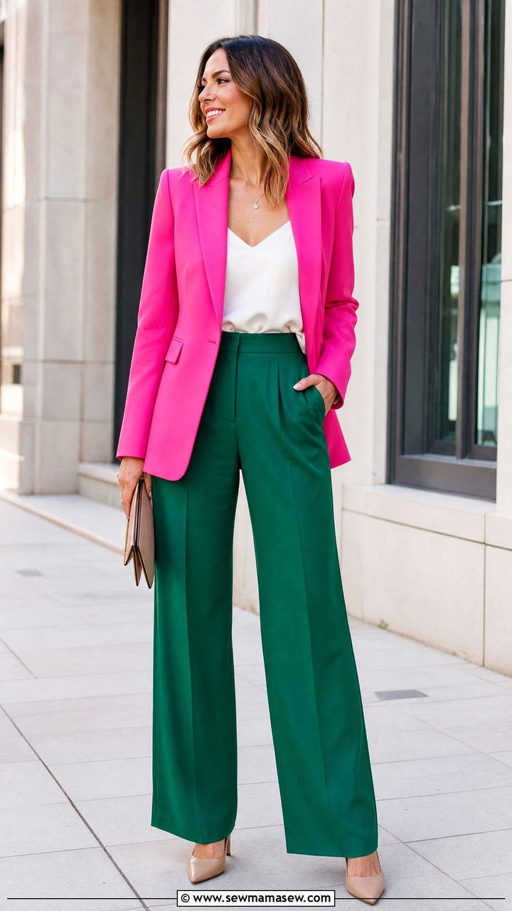 Hot Pink Blazer and Emerald Green Trousers - 25 Green and pink outfit ideas