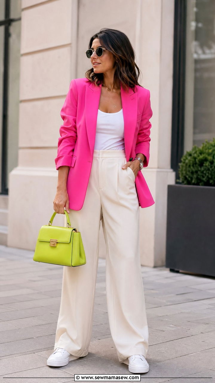 Hot Pink Blazer and Wide Leg Trousers Outfit - 35 Dopamine dressing outfit ideas