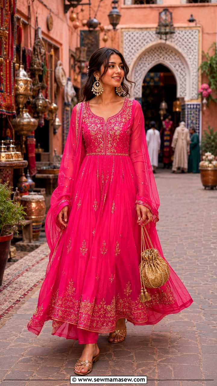 Hot Pink Chiffon Anarkali Dress with Gold Sandals - 25 Wedding guest outfit ideas Moroccan wedding