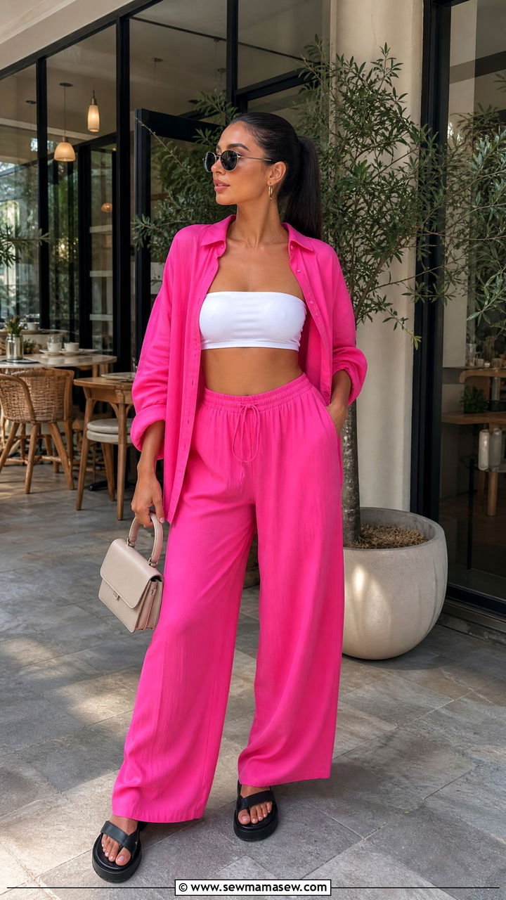 Hot Pink Co Ord Set with White Bandeau Summer Outfit - 30 summer outfit ideas aesthetic
