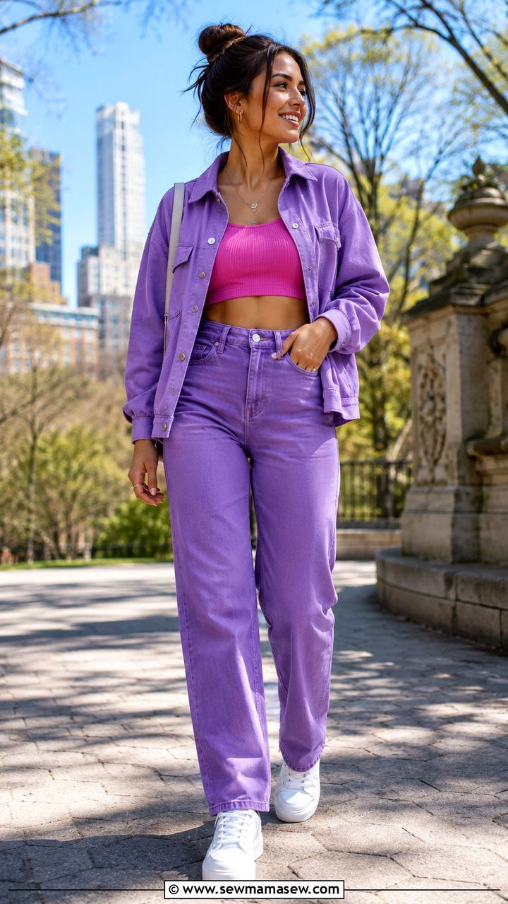 Hot Pink Crop Top With High Waisted Purple Pants And A Shacket - 25 Pink and purple outfit ideas