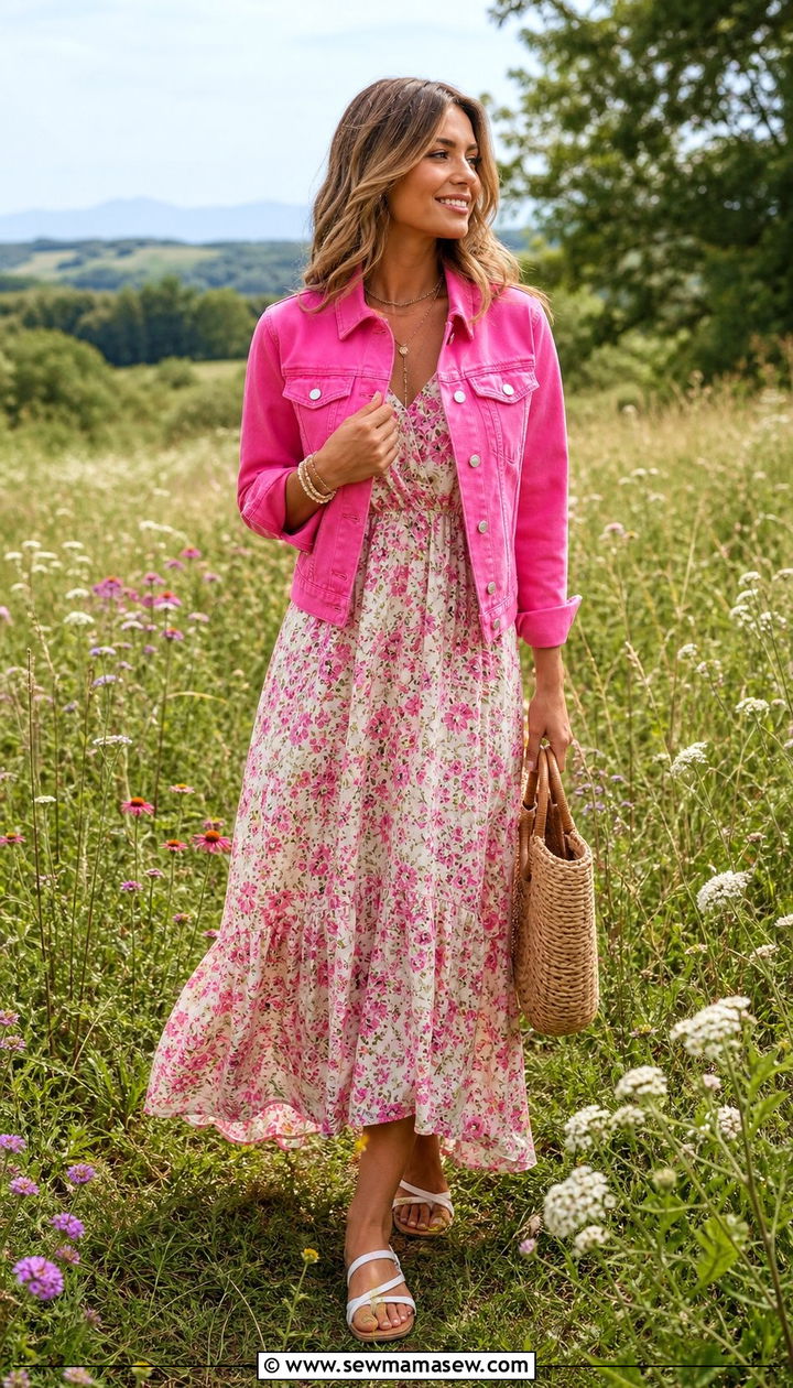 Hot Pink Denim Jacket with Floral Maxi Dress - 25 spring hot pink outfit ideas
