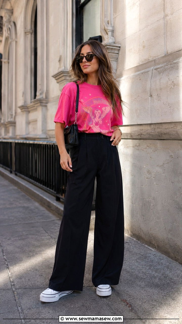 Hot Pink Graphic Tee and Pants Outfit - 30 Hot pink outfit ideas