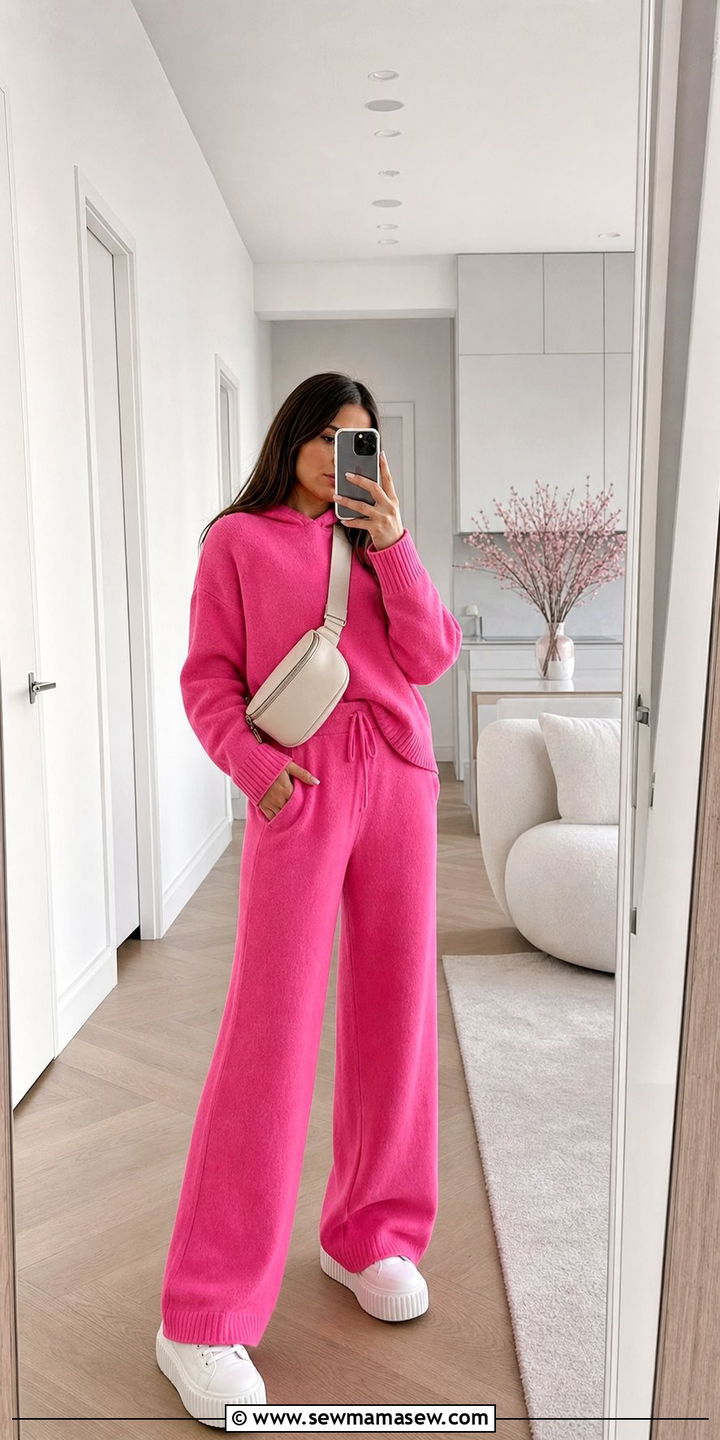 Hot Pink Lounge Set with Platform Sneakers - 25 spring hot pink outfit ideas