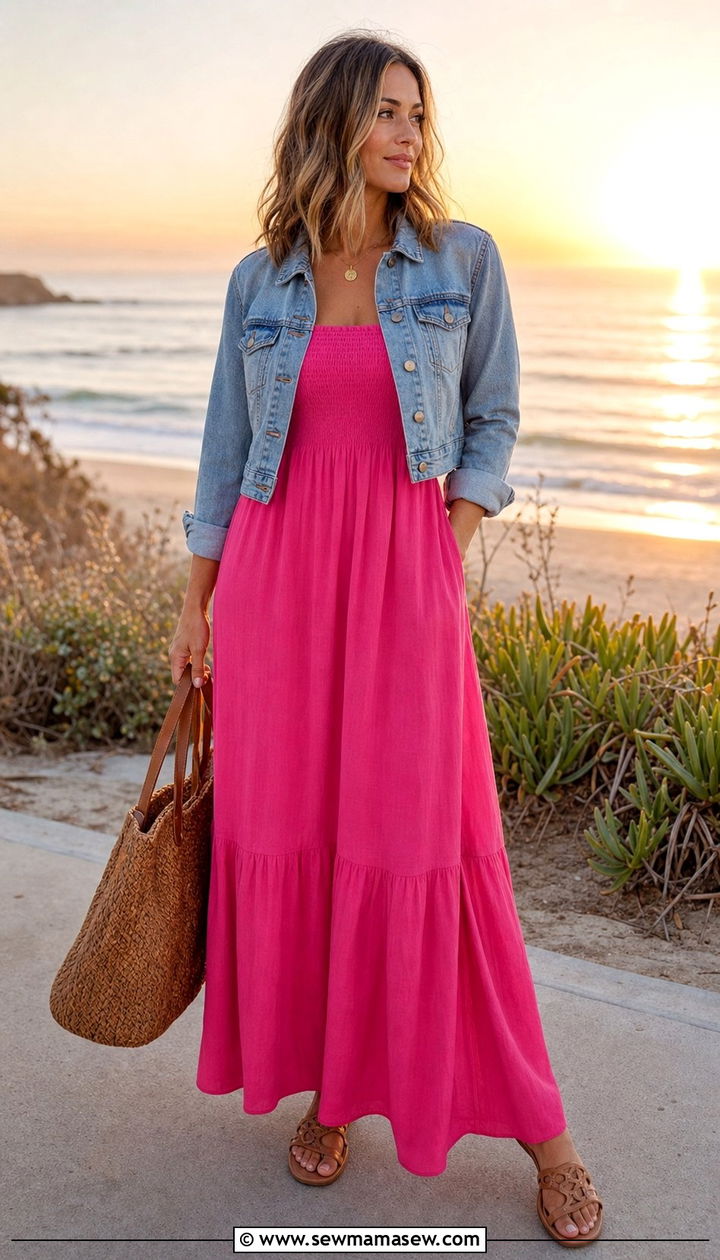 Hot Pink Maxi Dress with Denim Jacket - 25 spring hot pink outfit ideas