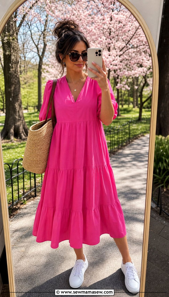 Hot Pink Midi Dress with White Sneakers - 25 spring hot pink outfit ideas