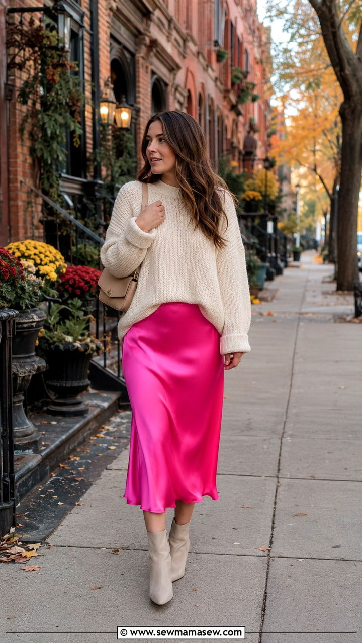 Hot Pink Satin Midi Skirt Outfit - 30 Hot pink outfit ideas