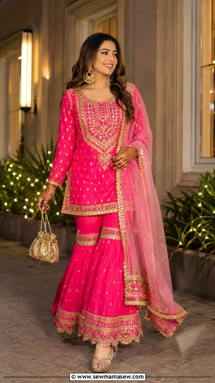 Hot Pink Sharara With Gold Gota Work - 30 Mehndi outfit ideas