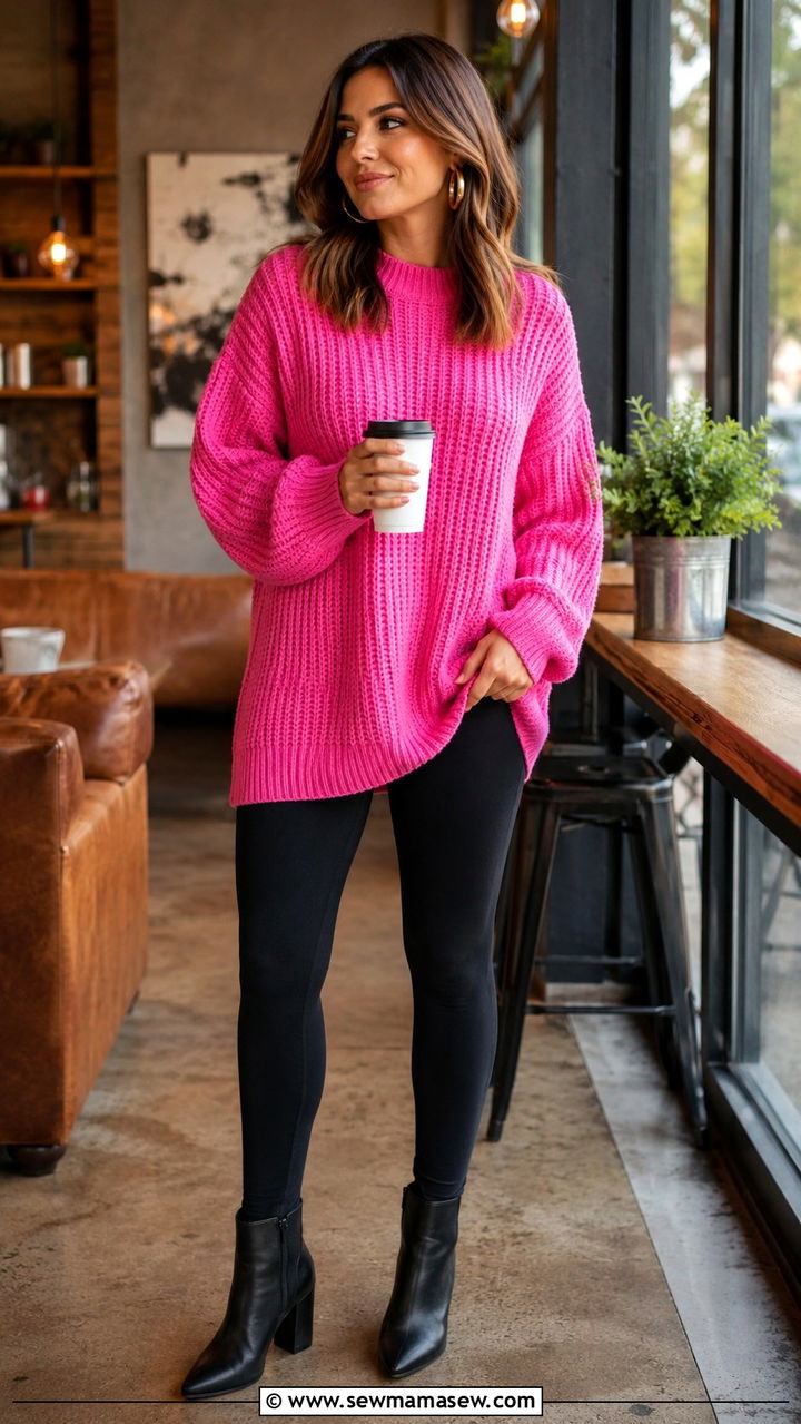 Hot Pink Sweater and Black Leggings Outfit - 30 Hot pink outfit ideas