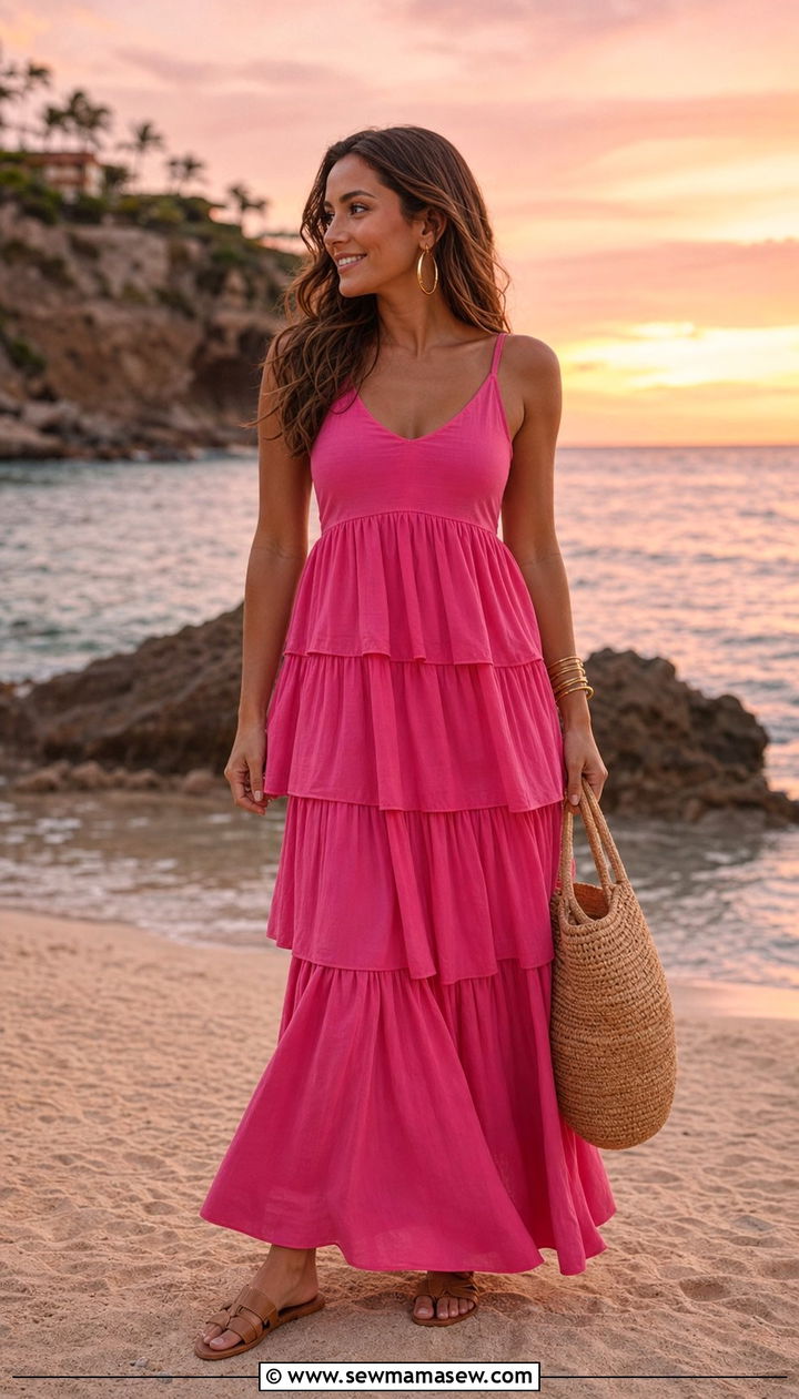 Hot Pink Tiered Maxi Dress and Hoop Earrings - 25 summer hot pink outfit ideas