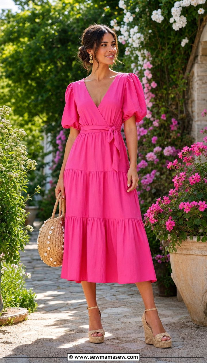 Hot Pink Tiered Midi Dress with Espadrilles - 25 spring hot pink outfit ideas
