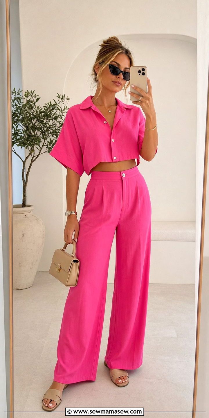 Hot Pink Two Piece Set and Flat Slides - 25 summer hot pink outfit ideas