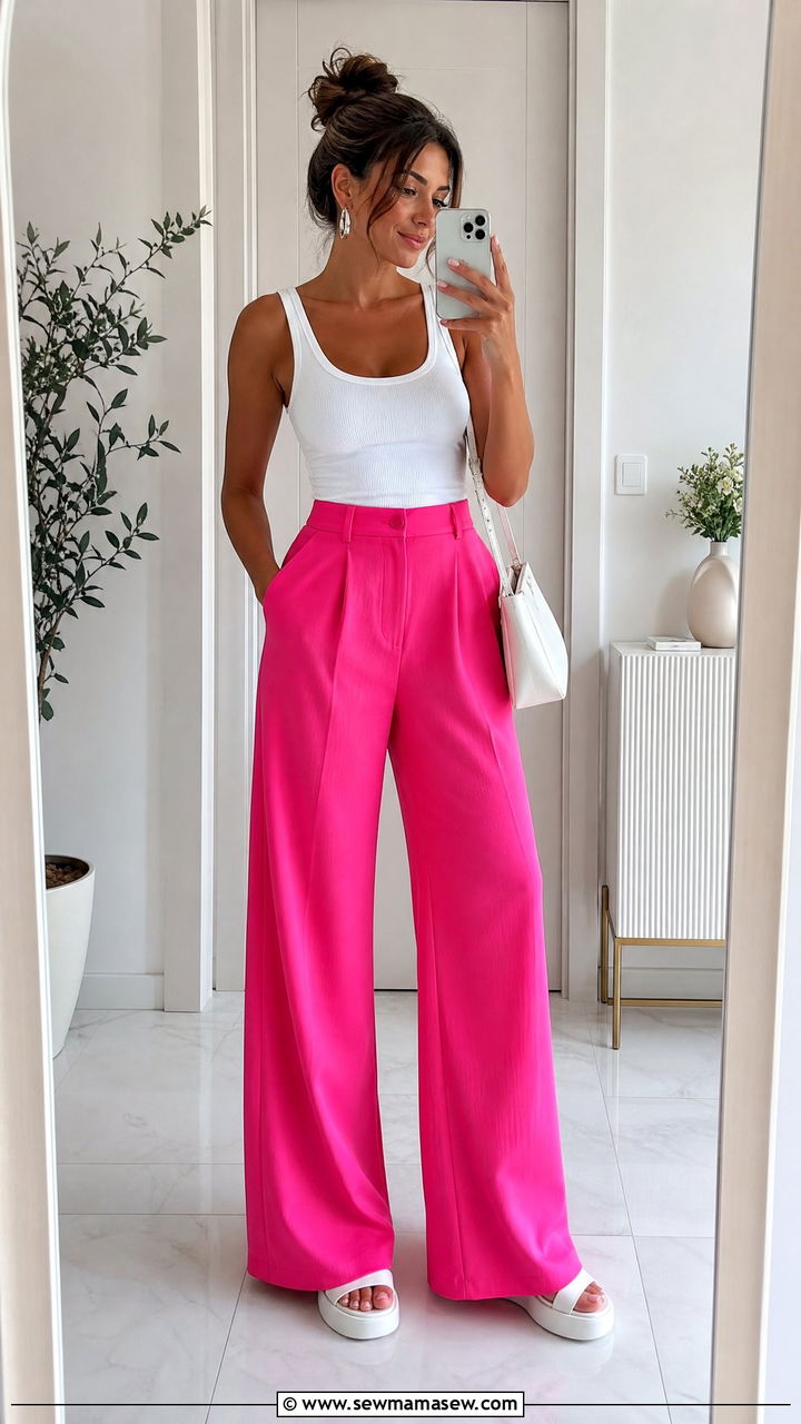 Hot Pink Wide Leg Pants with White Tank - 30 summer colorful outfit ideas