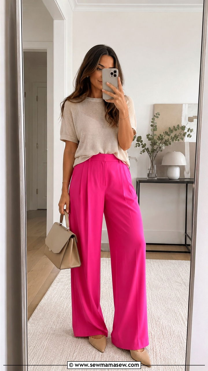 Hot Pink Wide Leg Trousers and Neutral Top Outfit - 30 Bold color outfit ideas