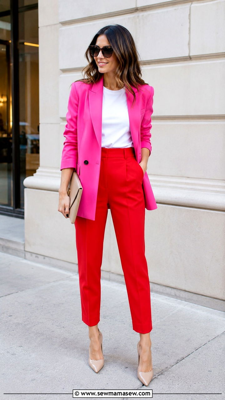 Hot pink blazer and red trousers outfit - 25 Pink and red outfit ideas