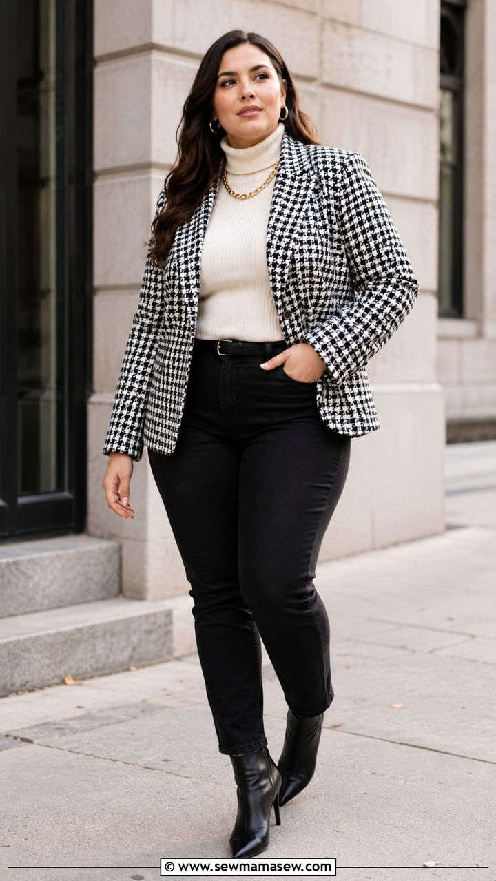 Houndstooth Blazer And Black Jeans Outfit For Plus Size Women - 25 Preppy outfits for curvy women