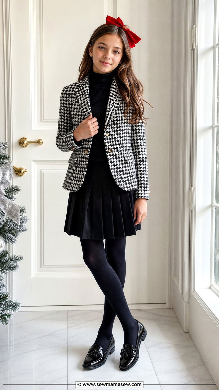 Houndstooth Blazer And Pleated Skirt Tween Preppy Outfit - 30 Tween outfit ideas preppy
