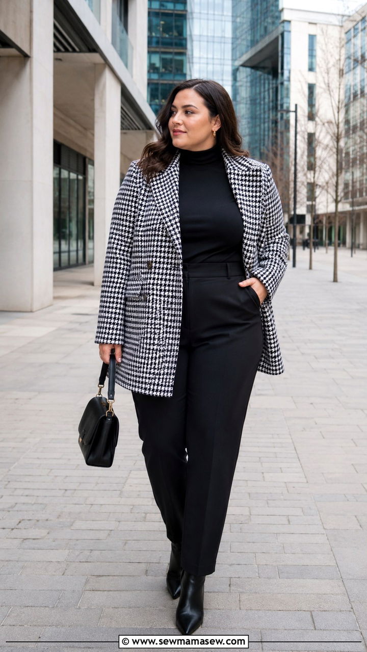 Houndstooth Blazer Coat with All Black Ensemble - 25 Plus size outfit ideas Parisian