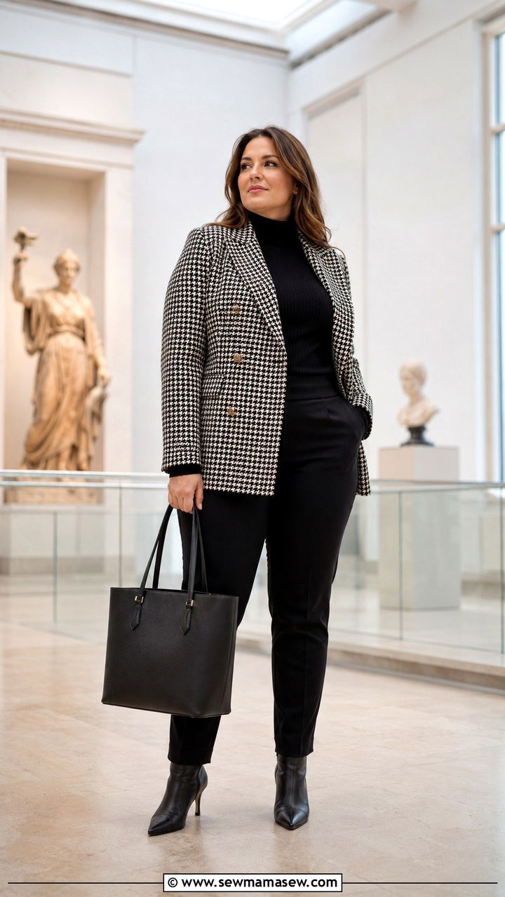 Houndstooth Blazer With A Black Turtleneck And Trousers - 30 Plus size outfit ideas with blazer