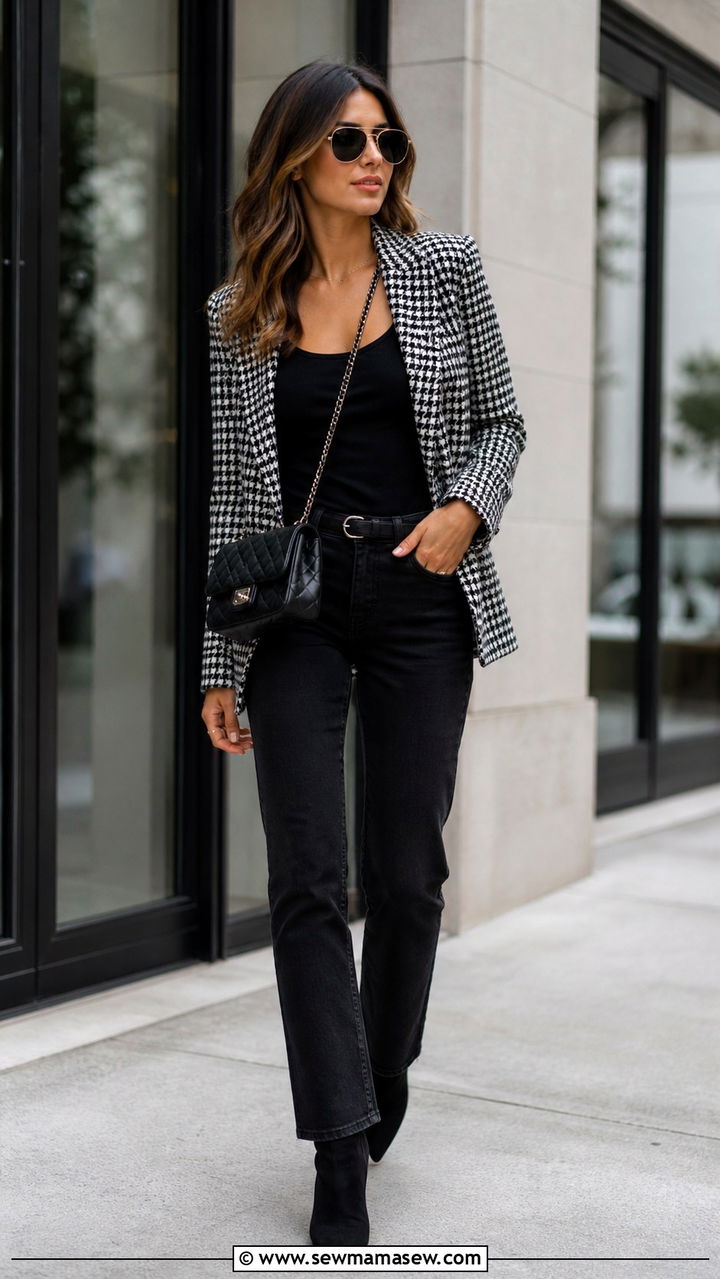 Houndstooth Blazer With Black Jeans - 40 French girl outfit ideas