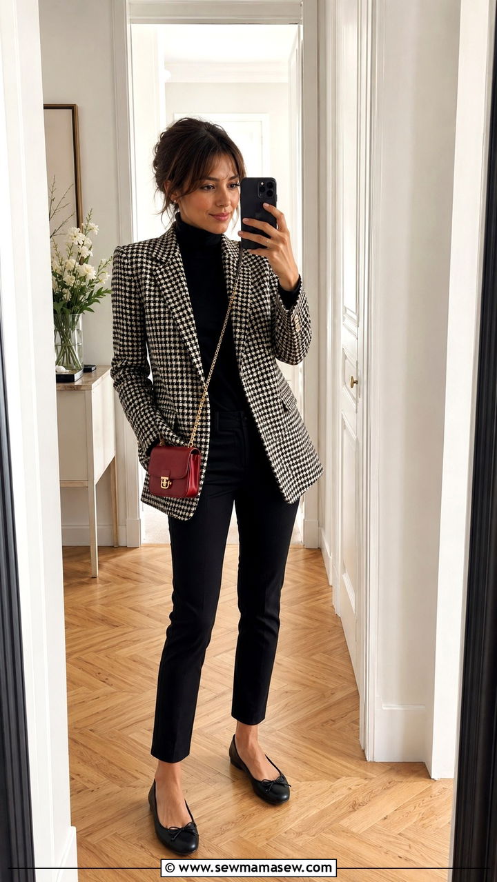 Houndstooth Blazer With Black Slim Pants - 30 cute Paris outfits