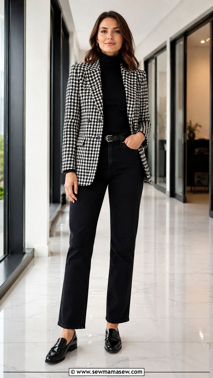 Houndstooth Blazer With Black Straight Leg Jeans - 30 Tailored blazer outfit ideas with jeans