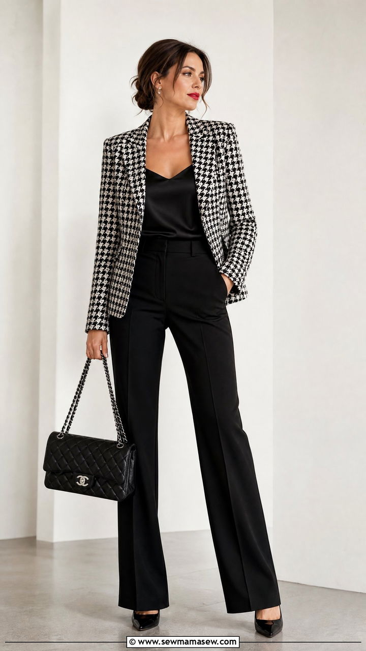Houndstooth Blazer With Black Trousers And Chanel Bag - 30 French girl outfit ideas with Chanel bag