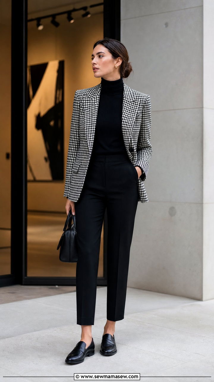 Houndstooth Blazer With Black Trousers And Loafers - 35 Ivy league outfit ideas