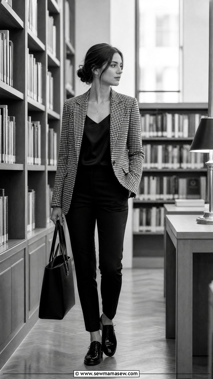 Houndstooth Blazer With Black Trousers - 35 librarian core outfits