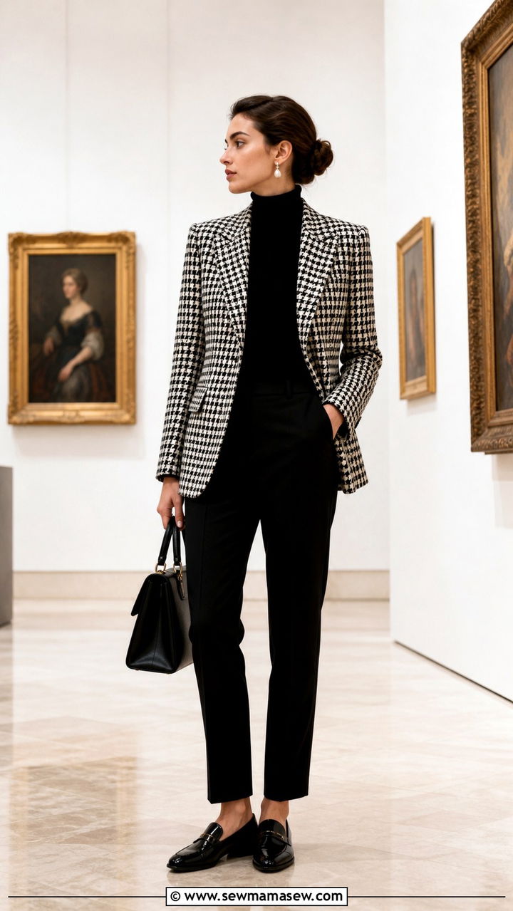 Houndstooth Blazer With Black Turtleneck And Black Trousers - 40 old money outfits