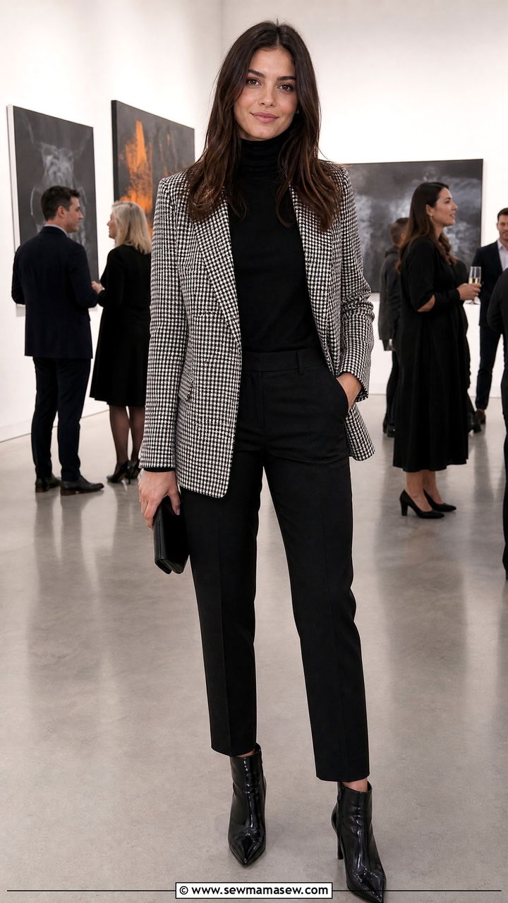 Houndstooth Blazer With Black Turtleneck Outfit - 25 Launch party outfit ideas