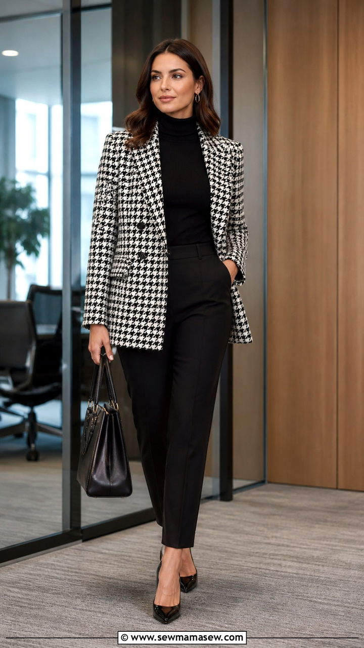 Houndstooth Blazer With Black Turtleneck and Black Trousers - 40 business casual outfits