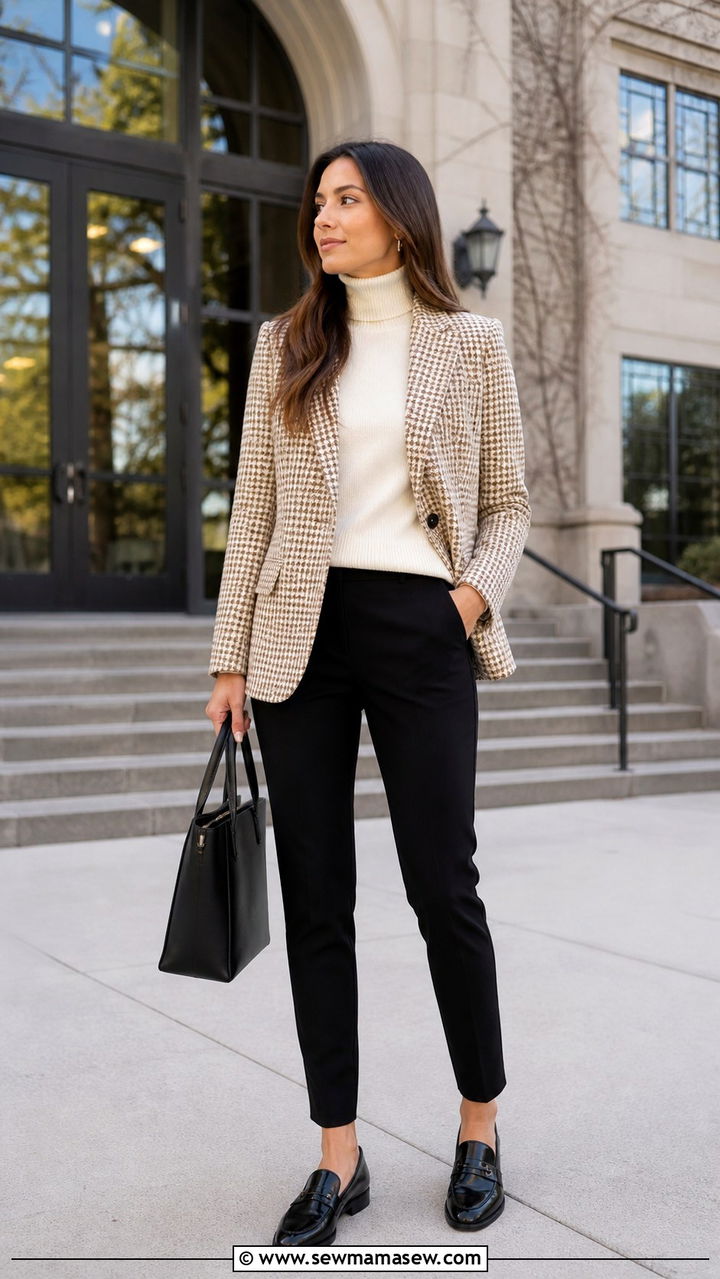 Houndstooth Blazer With Cream Turtleneck And Black Trousers - 40 light academia outfits for women