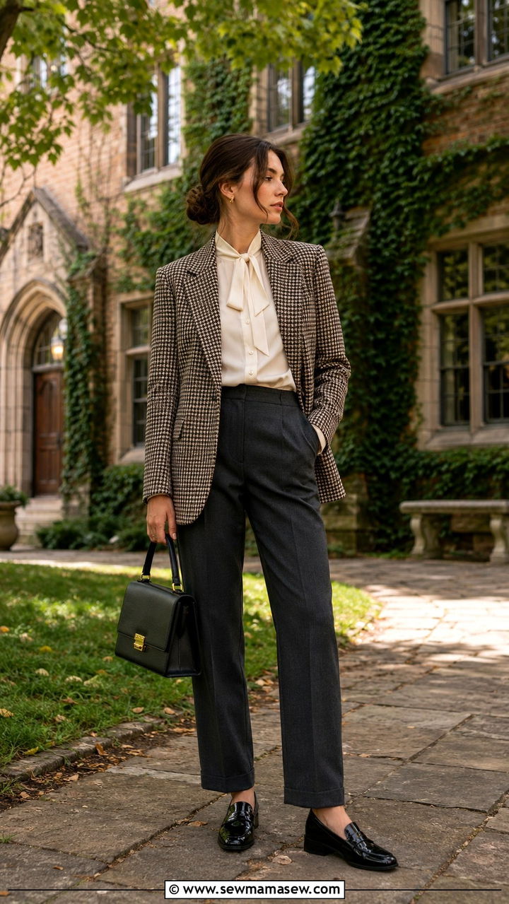 Houndstooth Blazer With Silk Tie Neck Blouse and Tailored Trousers - 20 Poetcore outfit ideas Dead Poets Society vibe