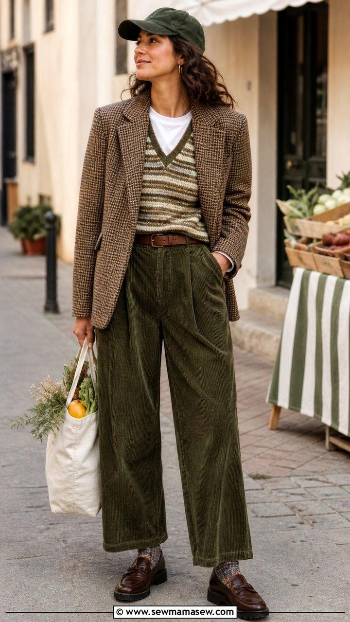 Houndstooth Blazer With Striped Knit Vest and Corduroy Trousers - 20 Eclectic grandpa outfit ideas women