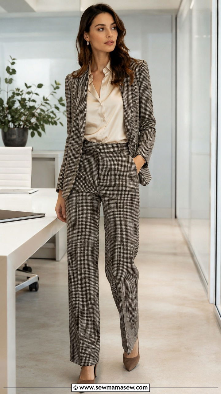 Houndstooth Blazer With Trousers and a Silk Blouse - 30 casual poetcore outfits