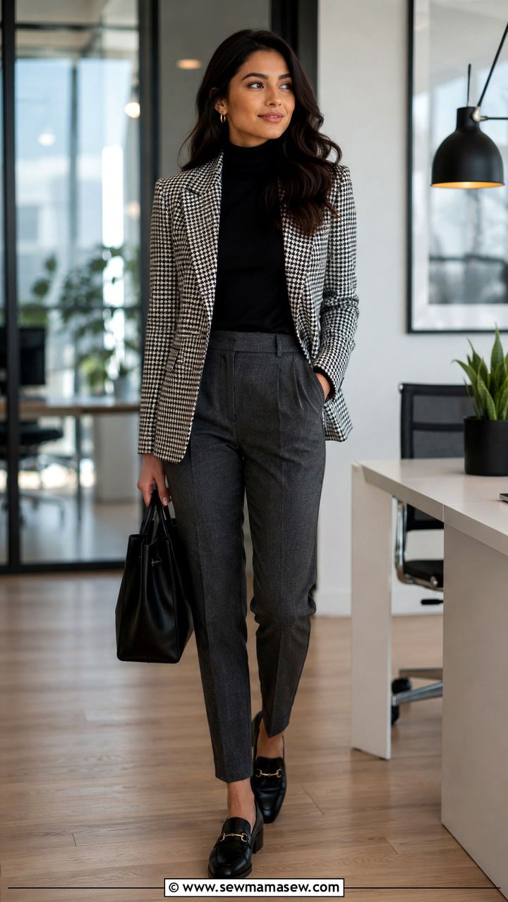 Houndstooth Blazer With Turtleneck And Tailored Pants - 20 Eclectic grandpa outfit ideas for work