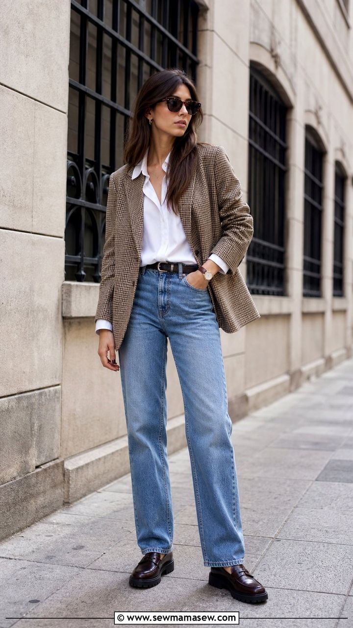 Houndstooth Blazer With White Button Down and Straight Leg Jeans - 25 Eclectic grandpa outfit ideas
