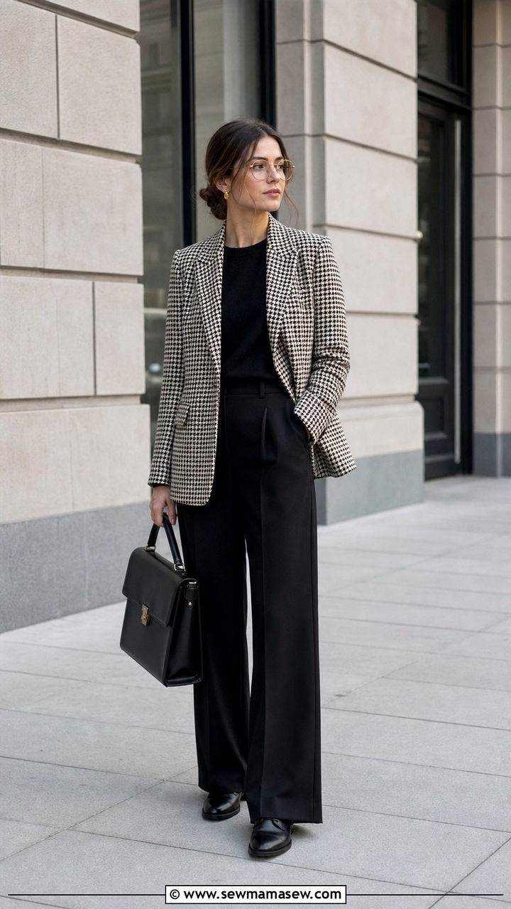 Houndstooth Blazer With Wide Leg Trousers And Oxfords - 25 cute librarian core outfits