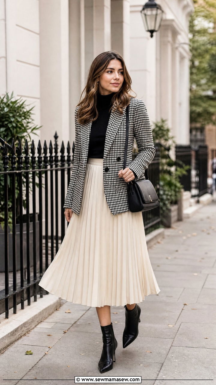 Houndstooth Blazer and Pleated Skirt Outfit - 30 elegant outfits ideas