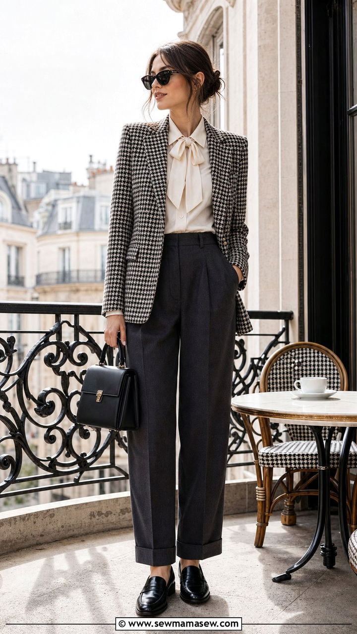 Houndstooth Blazer and Pleated Trousers - 25 spring dark academia outfits